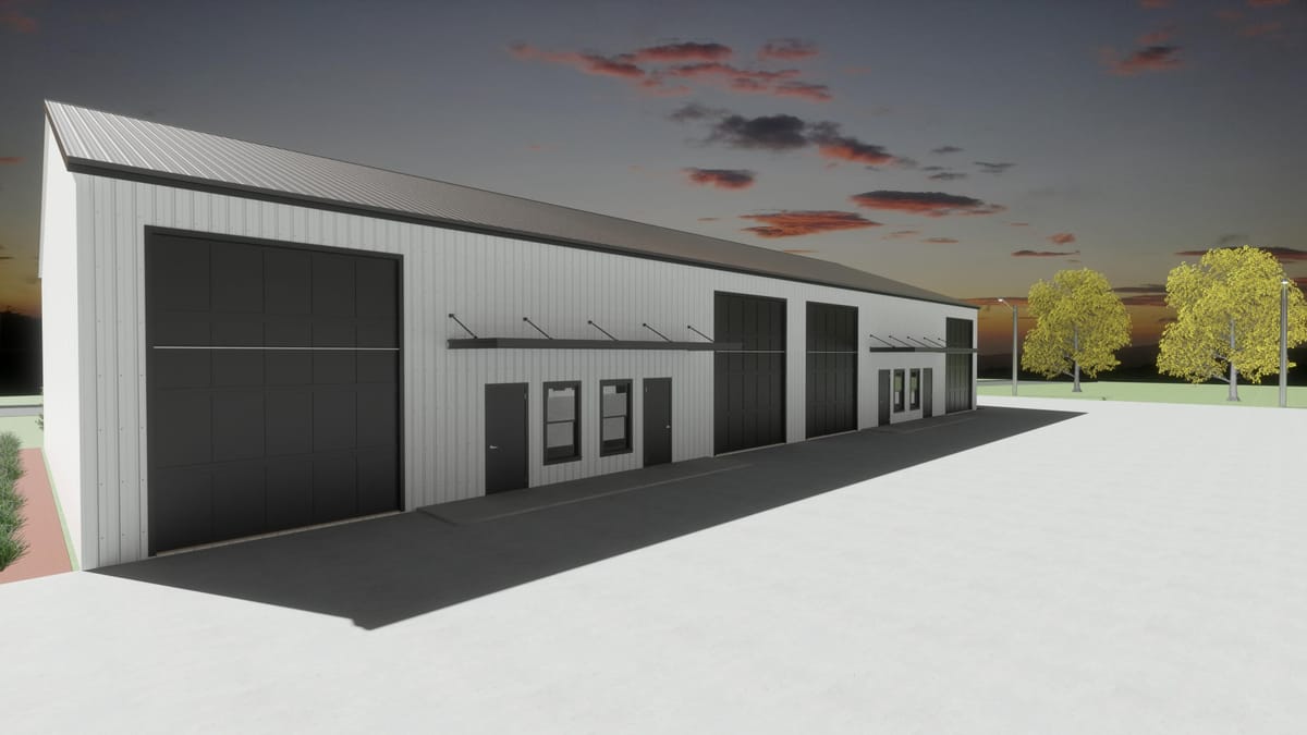 Rendering of a building front at dusk: oversized roll-up bay doors, office entries under steel awnings