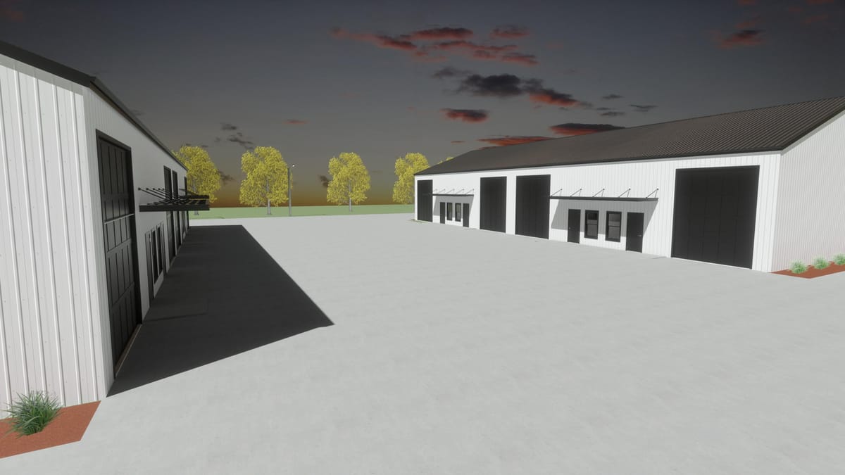 Rendering of the concrete drive court between the two buildings, suite entries on both sides