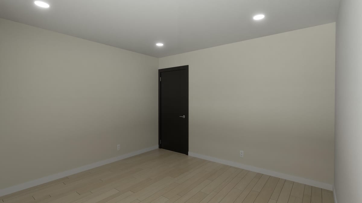 Rendering of a finished private office: wood-look floors, recessed lighting, dark suite door