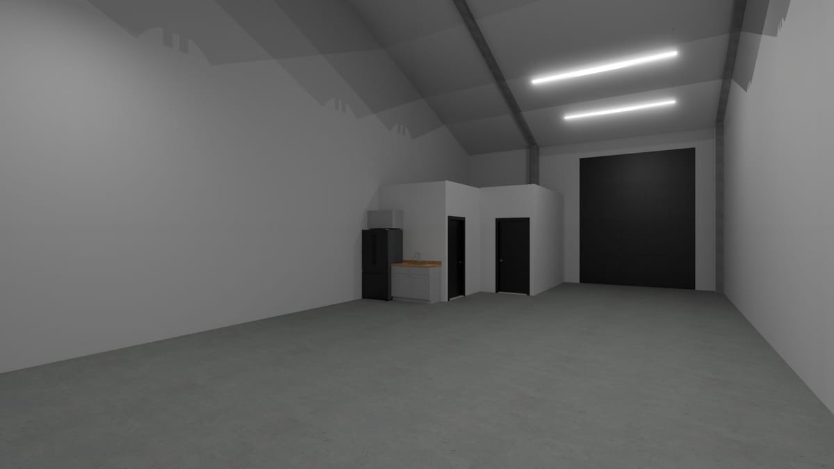 Rendering of a warehouse bay interior: high ceilings, LED strip lighting, roll-up door, office and restroom block with kitchenette